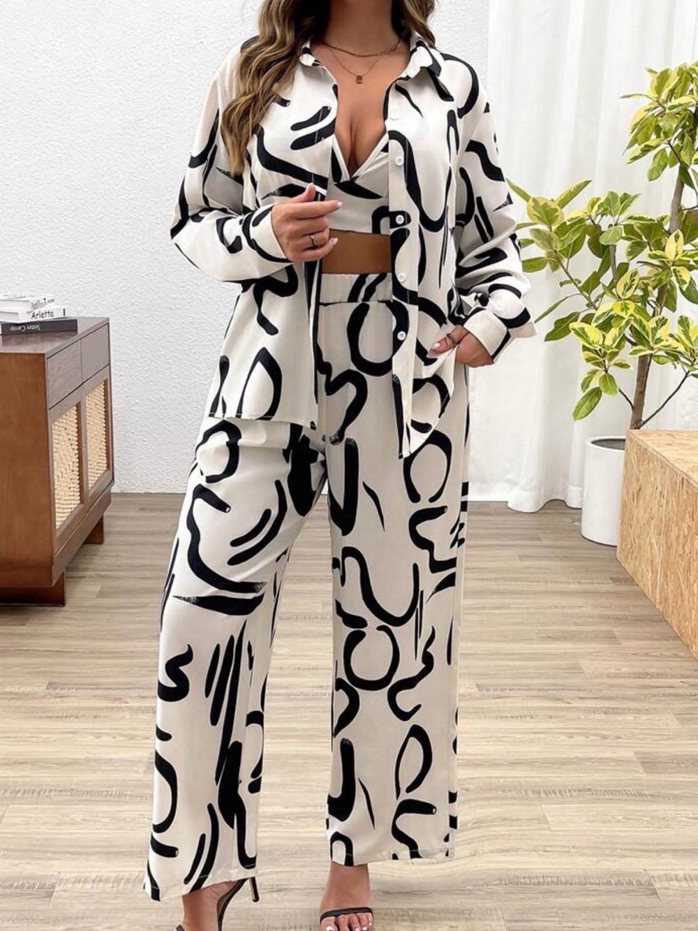 SHEIN Black & White Abstract Wide-Leg Pants Set